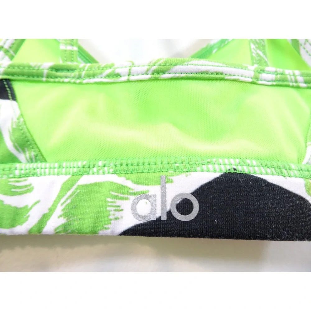 Alo Yoga Womens Strappy Criss Cross Back Tropical Palm Print Sports Bra Green S